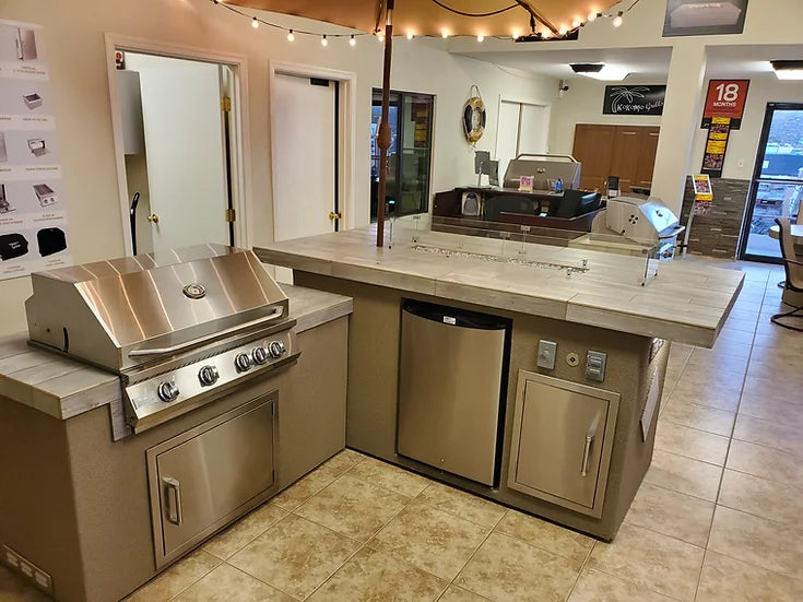 KoKoMo Baja/Fire L-Shaped BBQ Island with Fire-pit, Burner BBQ, Outdoor Refrigerator