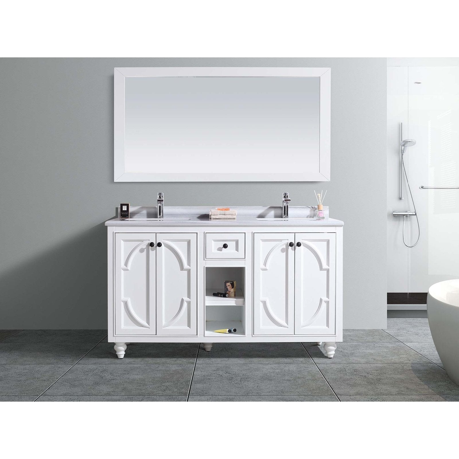 Laviva Odyssey 60" White Double Sink Bathroom Vanity with White Stripes Marble Countertop 313613-60W-WS
