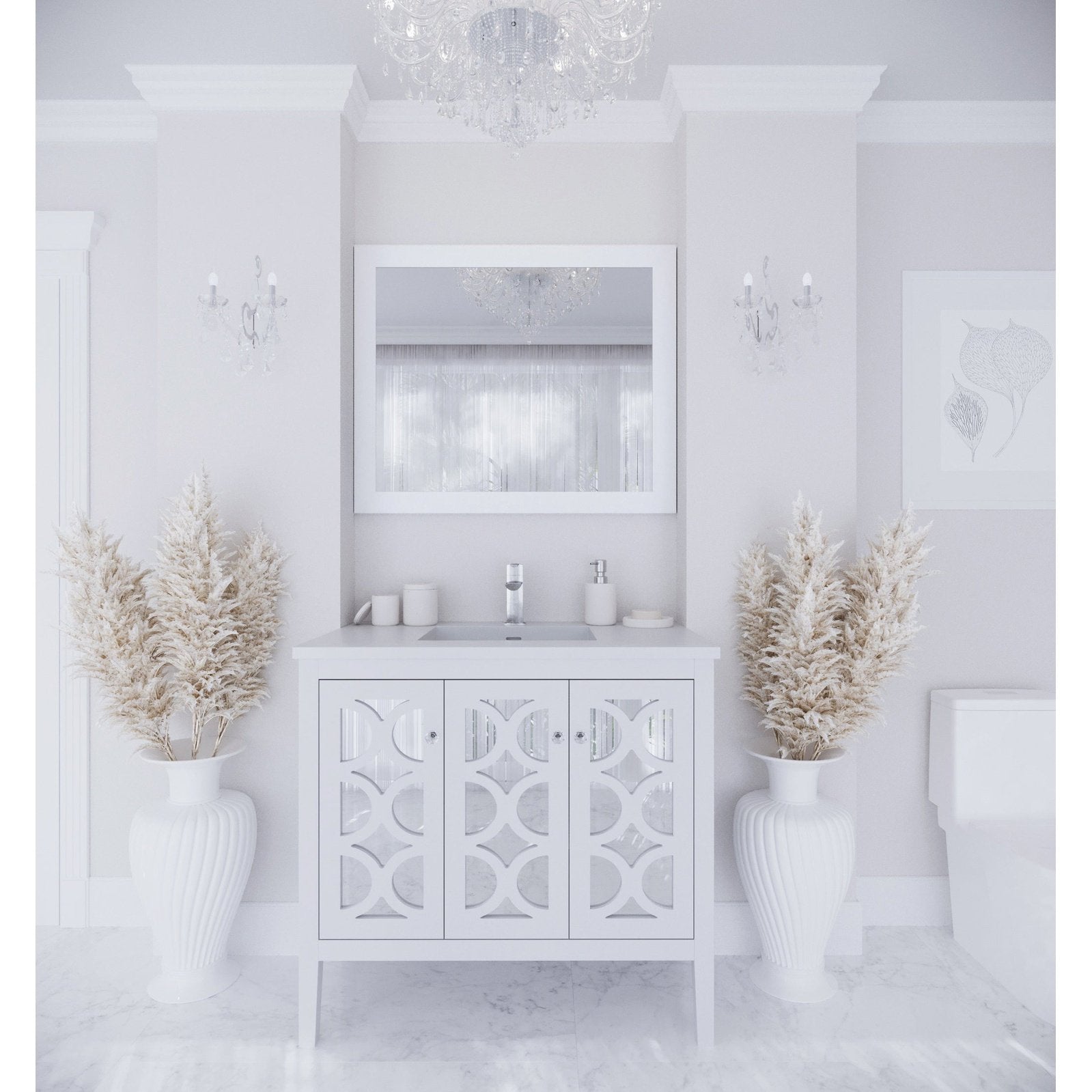 Laviva Mediterraneo 36" White Bathroom Vanity with Matte White VIVA Stone Solid Surface Countertop 313MKSH-36W-MW