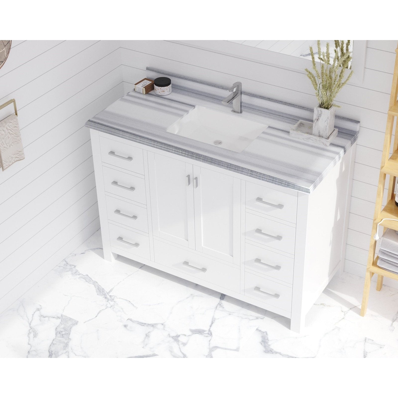 Laviva Forever 48" Single Hole White Stripes Marble Countertop with Rectangular Ceramic Sink 313SQ1H-48-WS
