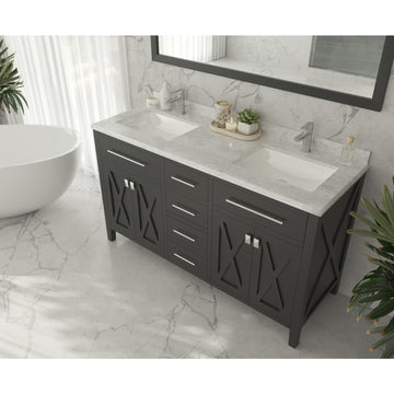 Laviva Forever 60" Single Hole White Carrara Marble Countertop with Double Rectangular Ceramic Sinks 313SQ1H-60-WC