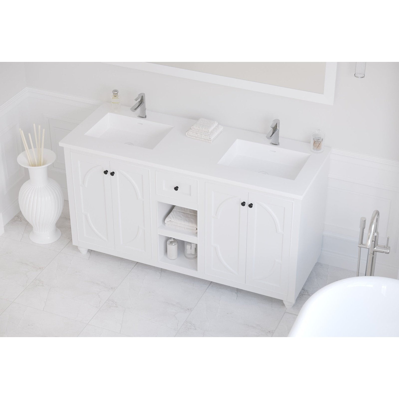 Laviva Forever VIVA Stone 60" Matte White Solid Surface Countertop with Double Integrated Sinks 313SQ1HSS-60D-MW