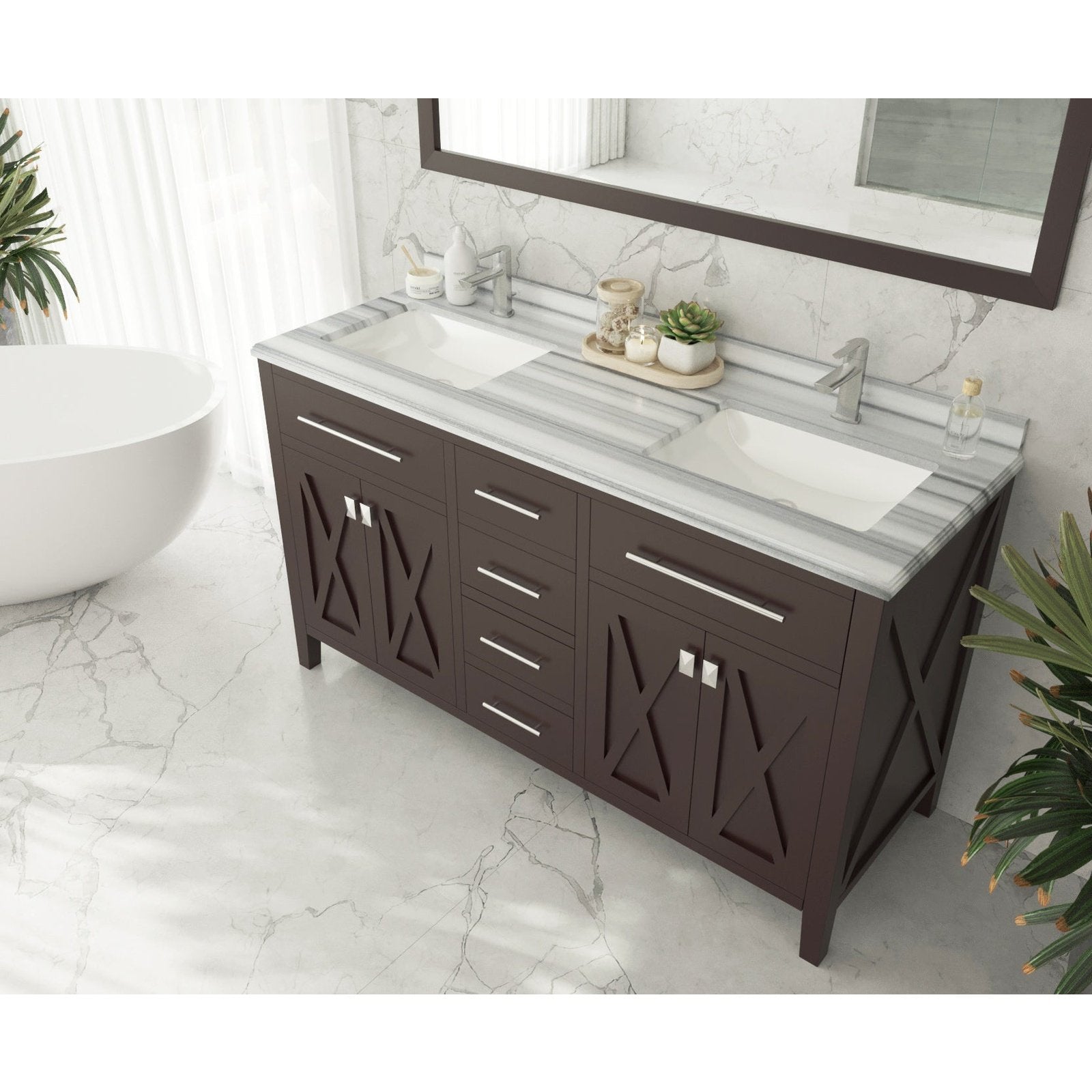 Laviva Wimbledon 60" Brown Double Sink Bathroom Vanity with White Stripes Marble Countertop 313YG319-60B-WS