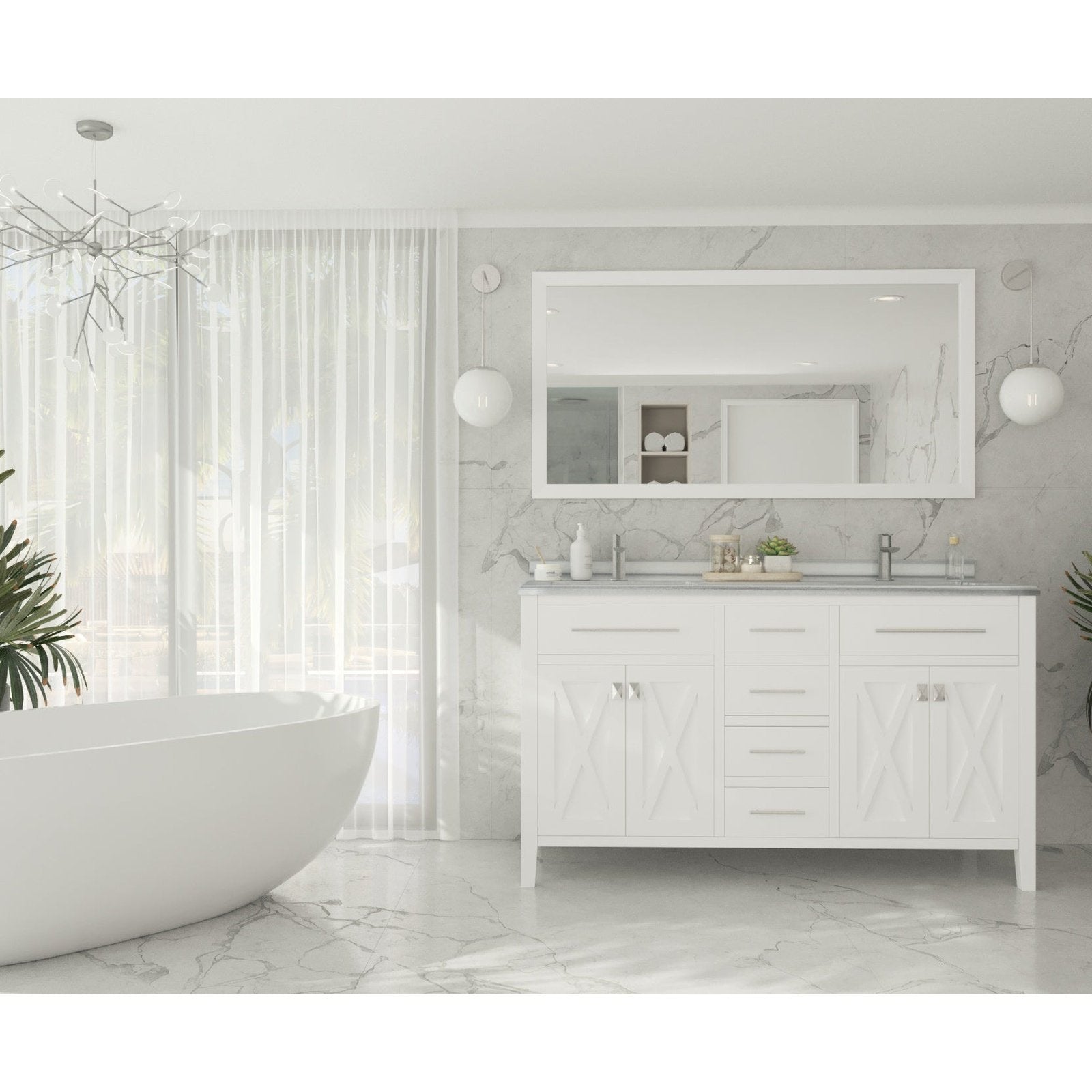 Laviva Wimbledon 60" White Double Sink Bathroom Vanity with White Stripes Marble Countertop 313YG319-60W-WS