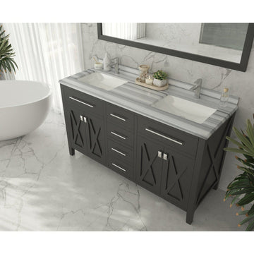 Laviva Forever 60" Single Hole White Stripes Marble Countertop with Double Rectangular Ceramic Sinks 313SQ1H-60-WS