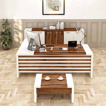 Casa Mare LEON 87″ Modern L-Shaped Home & Office Furniture Desk White & Brown LEON-87WB-R-S