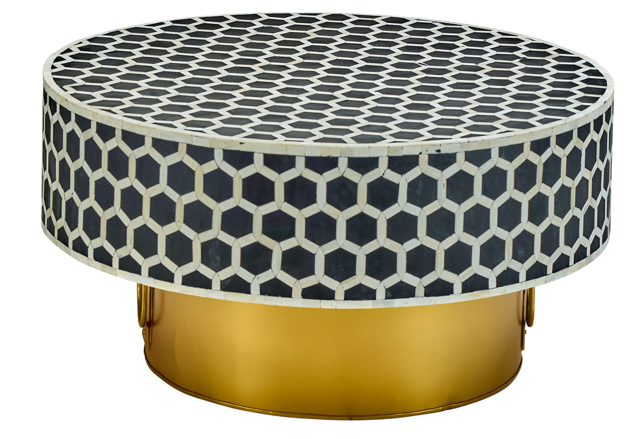 AFD Home Inlaid Bone and Gold Metal Round Coffee Table 34 Inch Diameter. 12018689