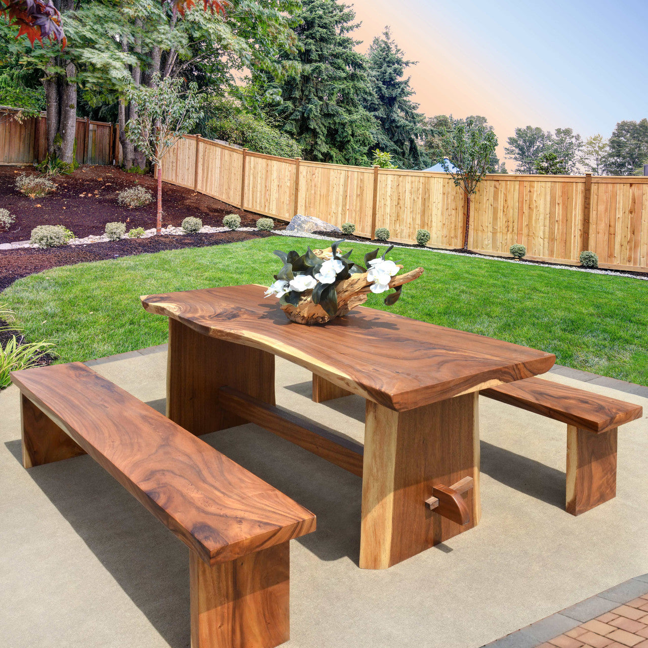 AFD Home 79" Long Modern Live Edge Suar Wood Dining Table Set With 2 Benches 12019155