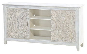 AFD Home Carved Lace Entertainment, Cabinet 70 Inches White Wash, Wood Rustic, Coastal, Cottage, Farmhouse 12020390