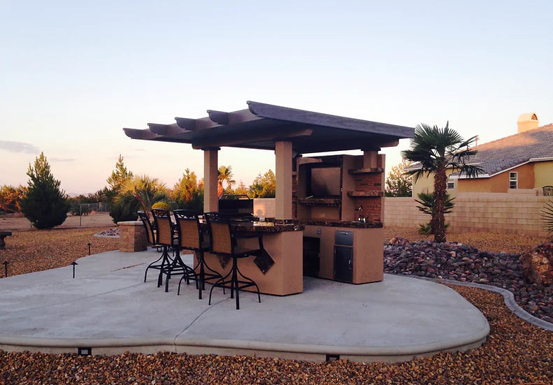 KoKoMo Outdoor Kitchen T.V. Media Wall with Pergola and Outdoor Bar Seating BBQ Island