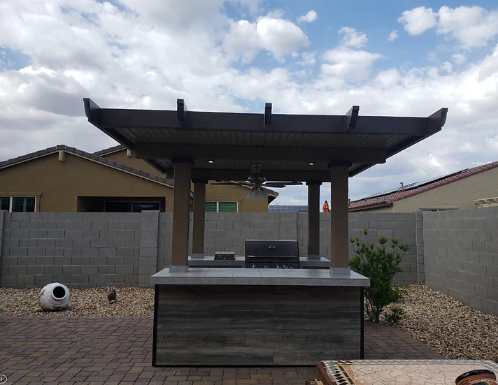 KoKoMo BBQ Island with Pergola 4 Burner BBQ Grill Wood Siding and Fan